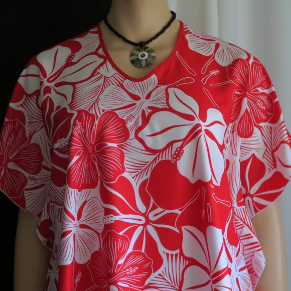 Hawaiian Aloha Red - Polynesian Butterfly Top Caftan Cover-up Shirt Tunic Travel - Picture 3 of 6